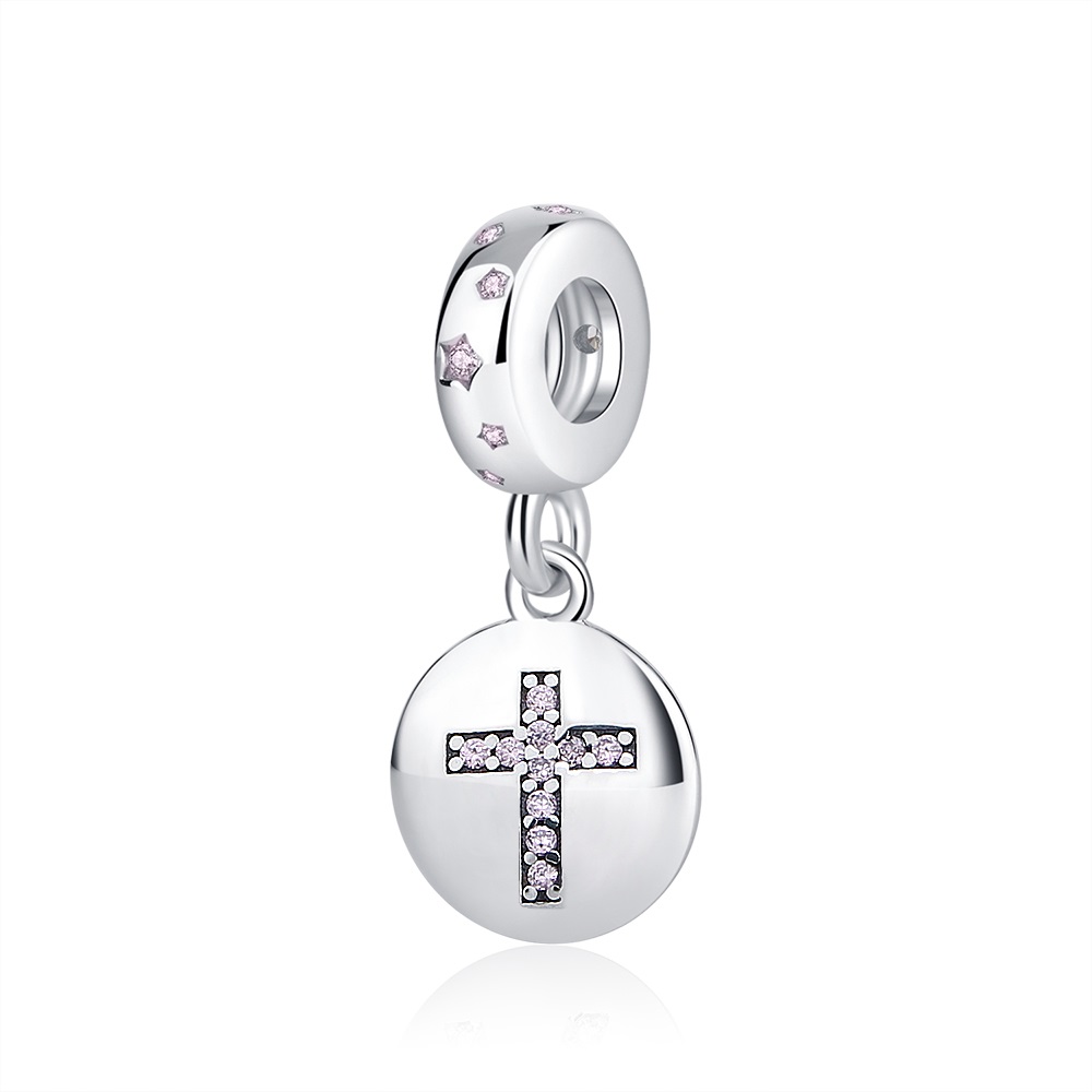 PANDACHARMS Lateinisches Kreuz mit Rosa Steinen Charm Anhänger, SKU C03012