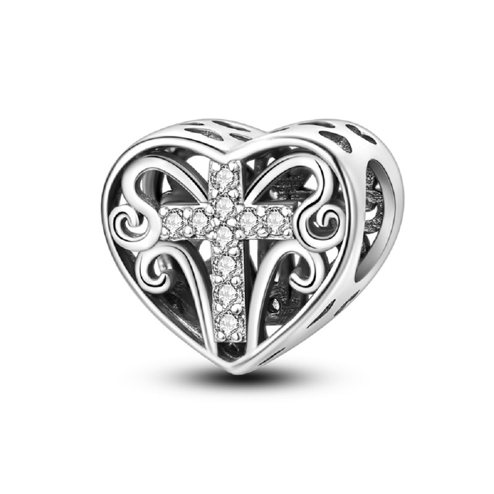 PANDACHARMS Kreuz mit Steinen im verzierten Herz Charm, SKU C04022