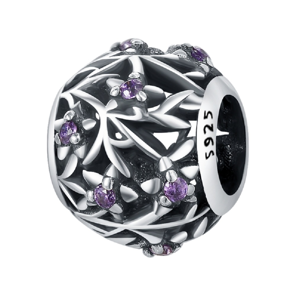 PANDACHARMS Kleine Lila Blüten auf Silbernen Zweigen Charm, SKU C04034