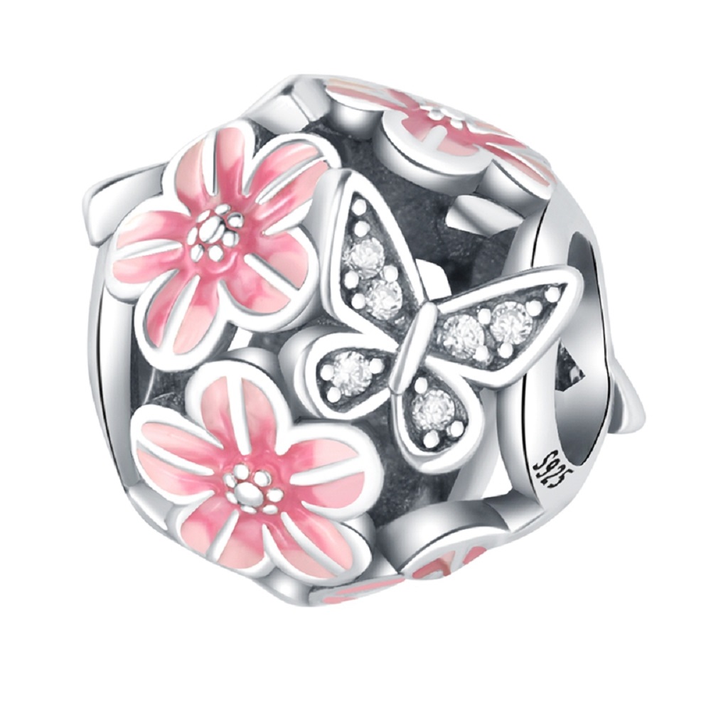 PANDACHARMS Rosa Blüten mit Glitzernden Schmetterlingen Charm, SKU C04036