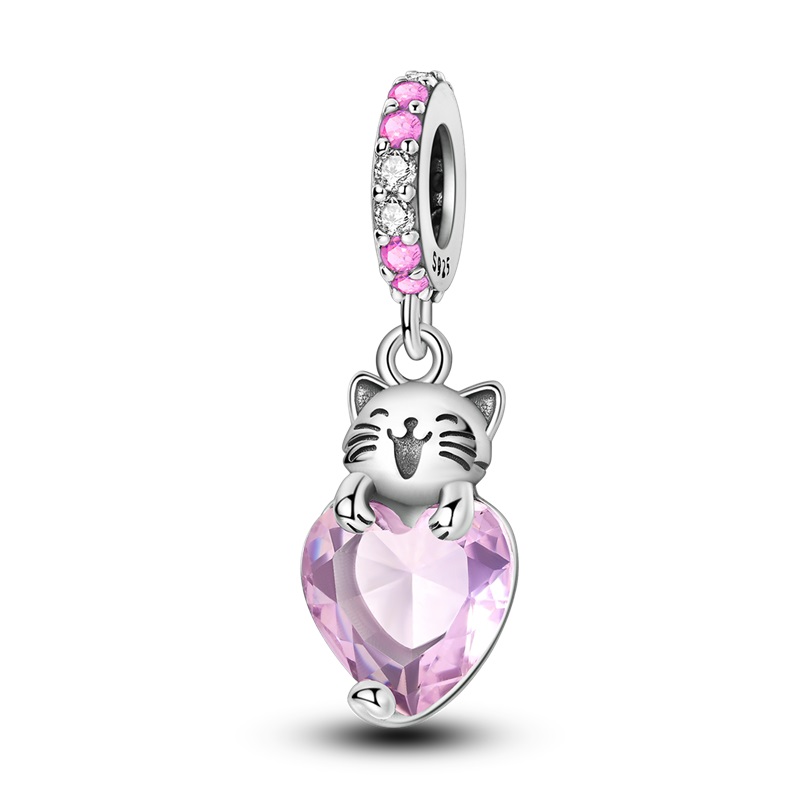 PANDACHARMS Katze mit Großem Rosa Herz Charm Anhänger, SKU C04072