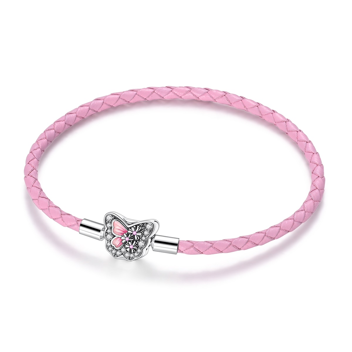 PANDACHARMS Rosa Leder Charm Armband Schmetterling, SKU B04001